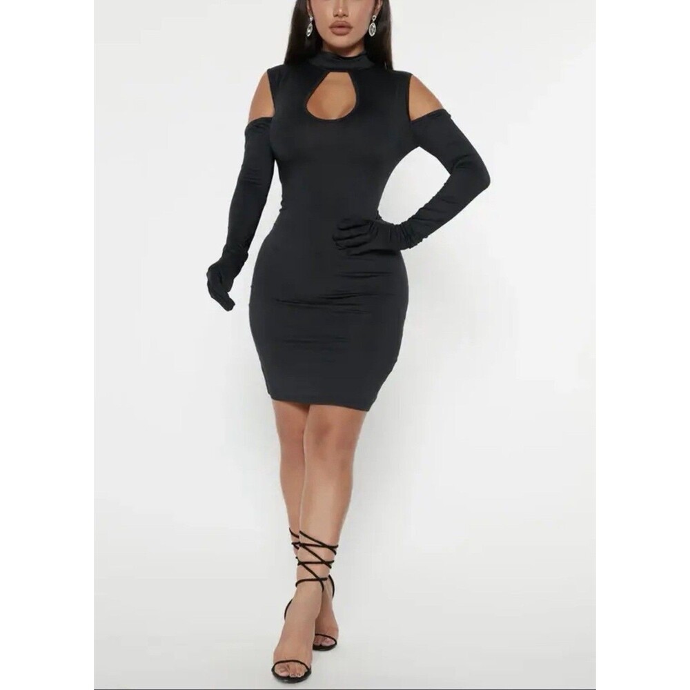 Fashion Nova Black Mock Neck Cut-Out Cold Shoulder Bodycon Mini Dress M